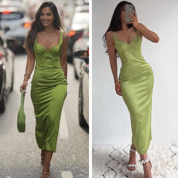 NEW Zara Lime Green Bustier Corset Midi Dress Influencer Favorite Cocktail Party - Picture 1 of 10